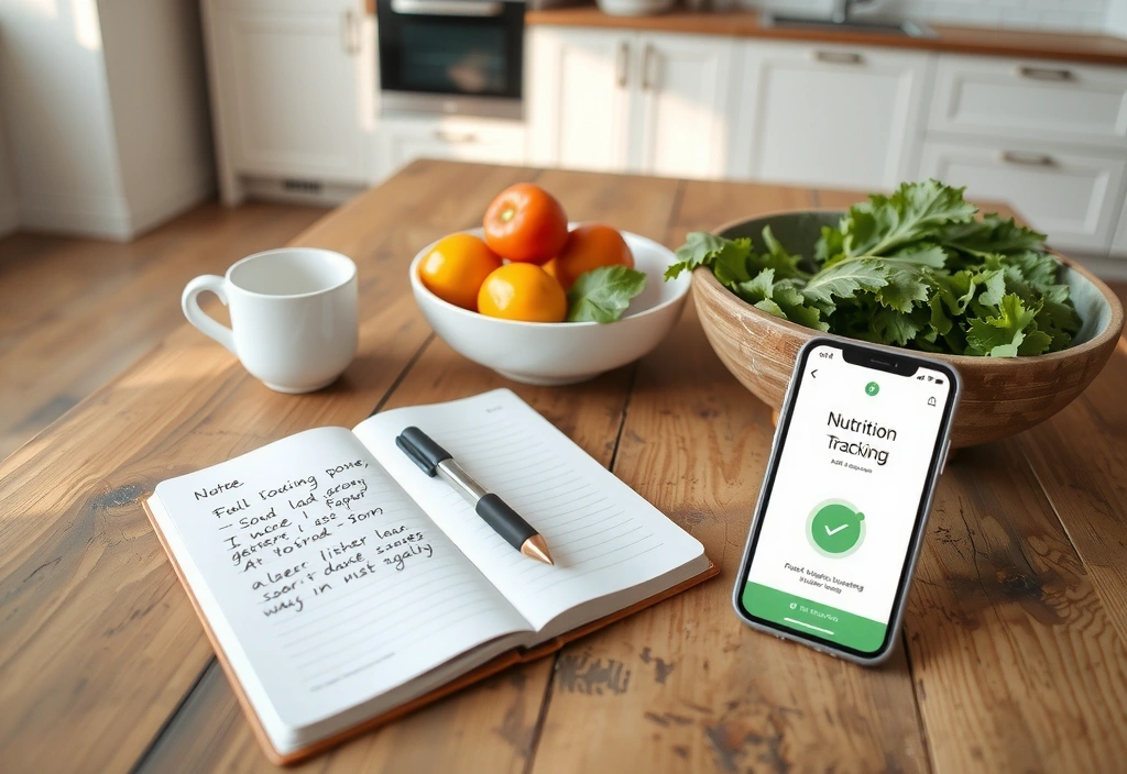 Küchenszene mit Notizen und frischen Zutaten für Ernährungsplan